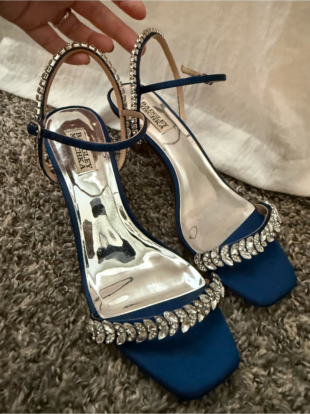 Badgley Mischka Royal Blue Satin Crystal Leaf-Trim Heels